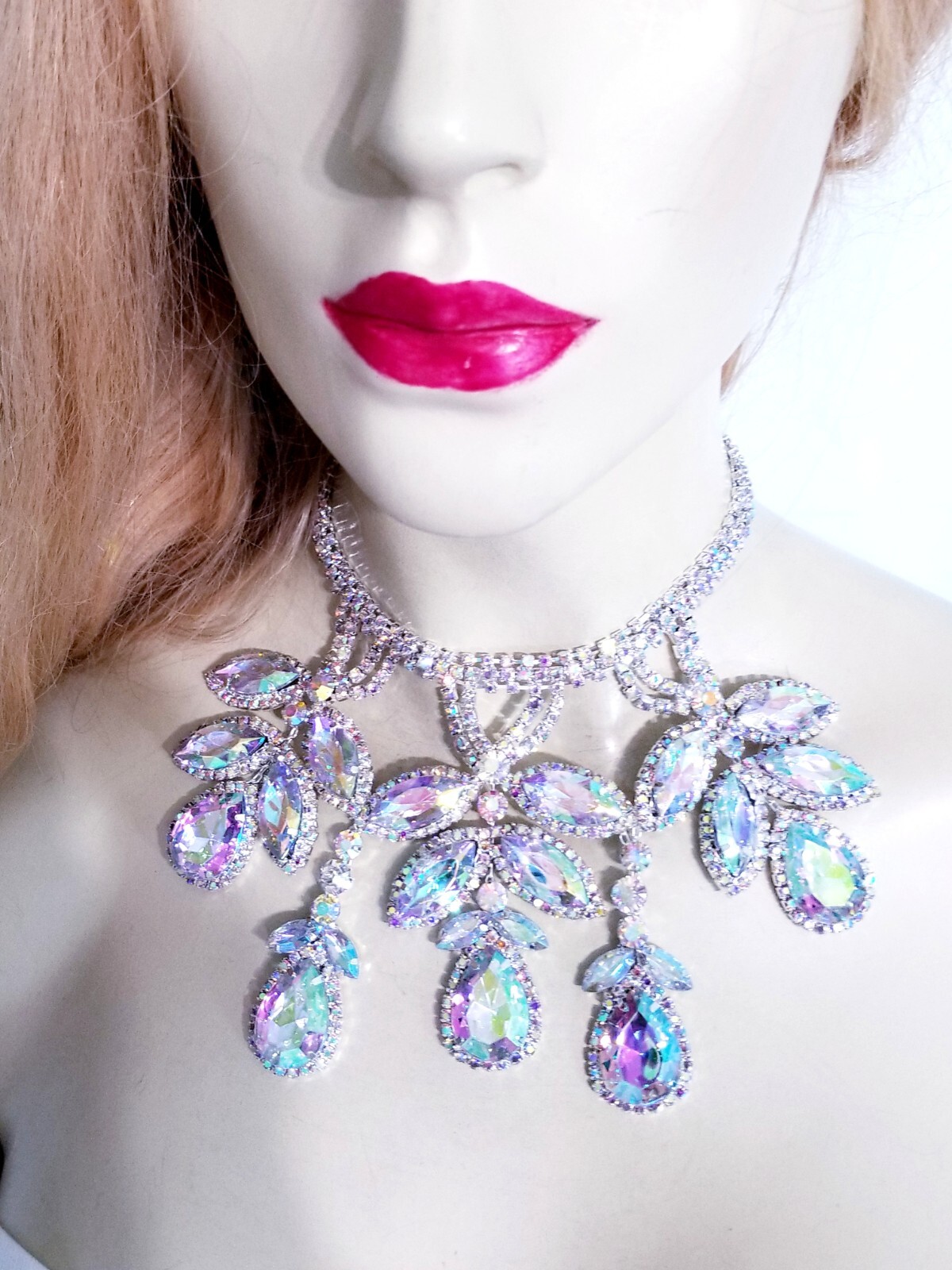 AB Iridescent Choker Rhinestone Crystal Necklace Bridal Prom Pageant