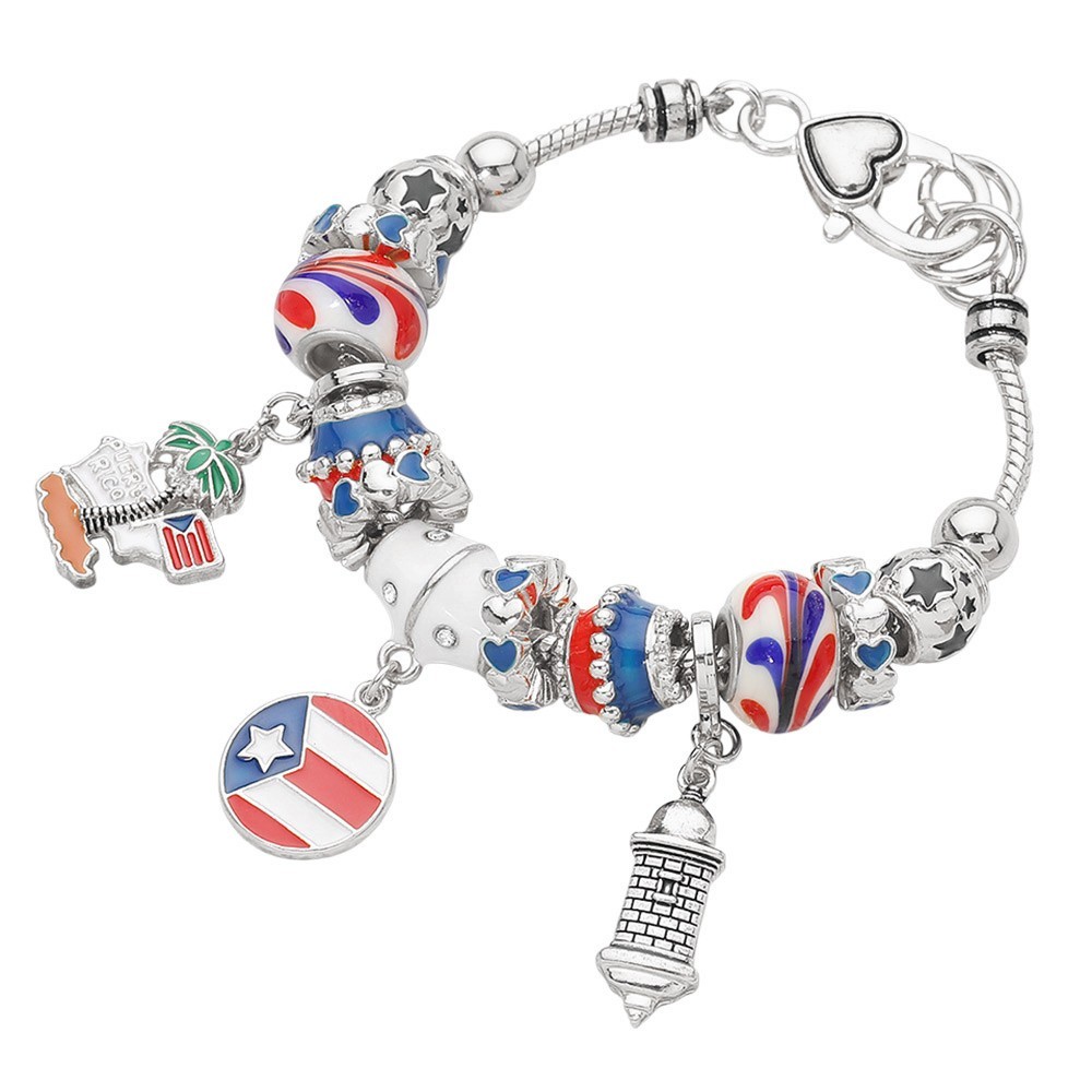 Puerto Rico Flag Charm Bracelet Patriotic Multi Bead Lobster Clasp Red White Blu