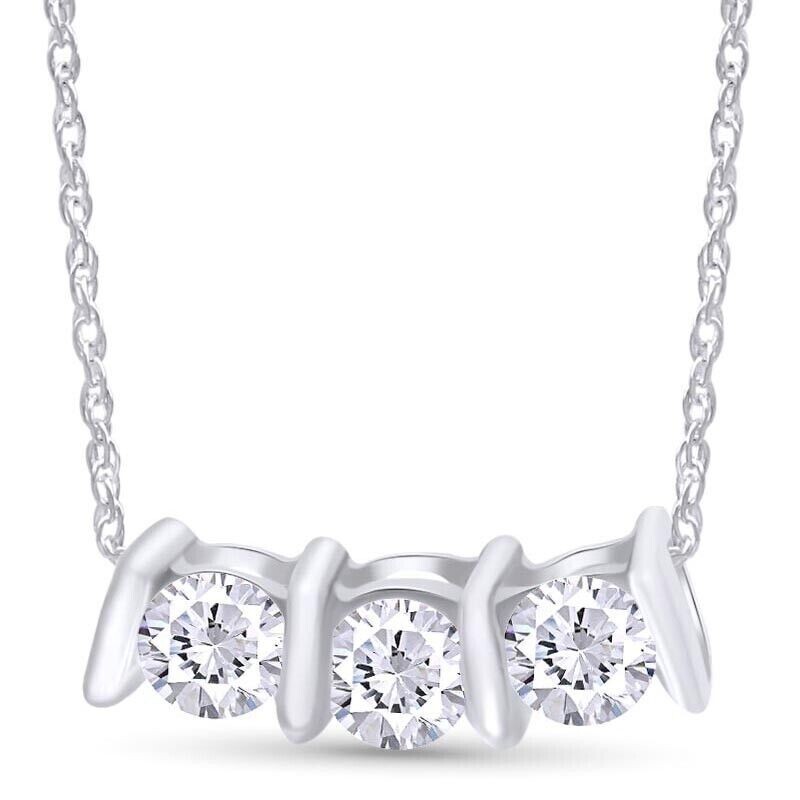 Three Stone Pendant 18″ Necklace Simulated Diamond 14K White Gold Plated Silver