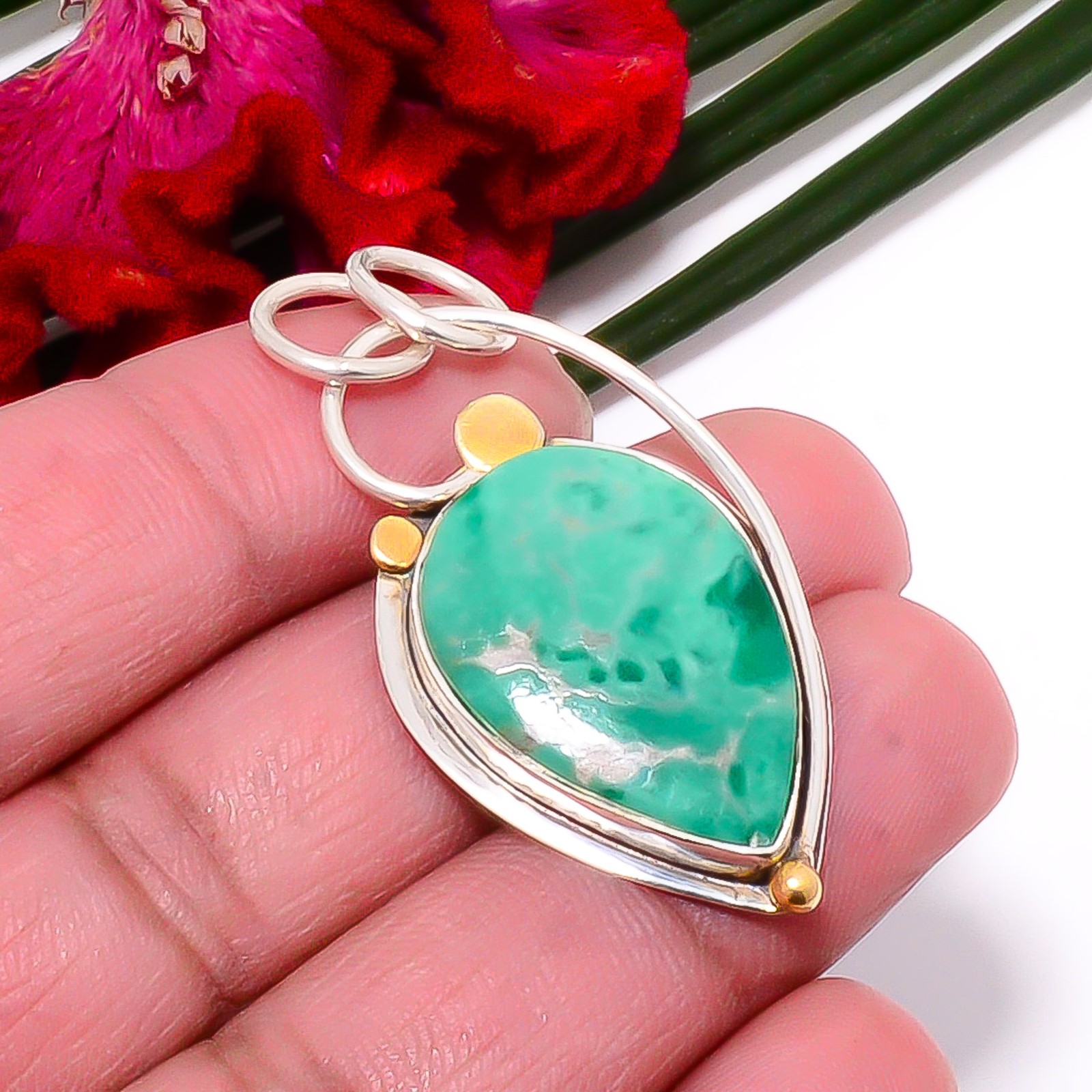 Variscite – Green Turquoise 925 Sterling Silver Two Tone Pendant 1.76″ sku19
