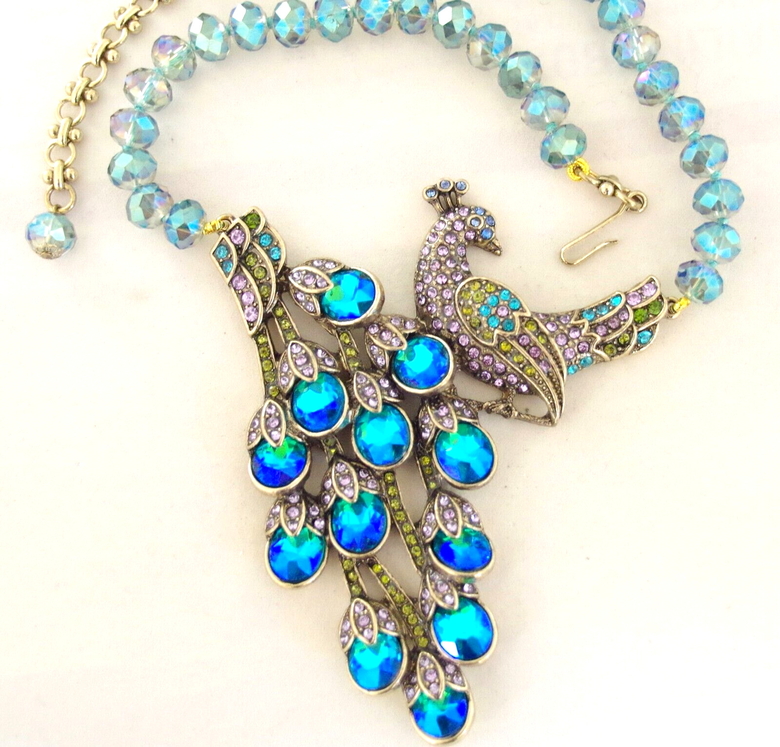 NWOT DESIGNER STYLE PEACOCK RHINESTONE PEACOCK BIRD AB CRYSTAL BEAD NECKLACE