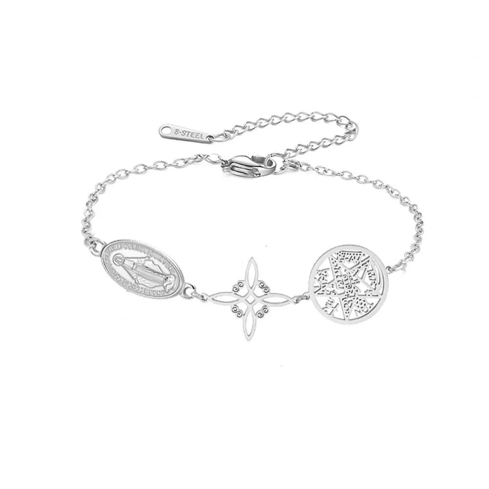 Stainless Steel Triple Protection Bracelet Witch Knot Pentagram Figaro Chain