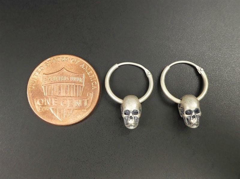Tiny Small Matte 925 Sterling Silver Skull on Hoop Pierced Earrings Lightweight