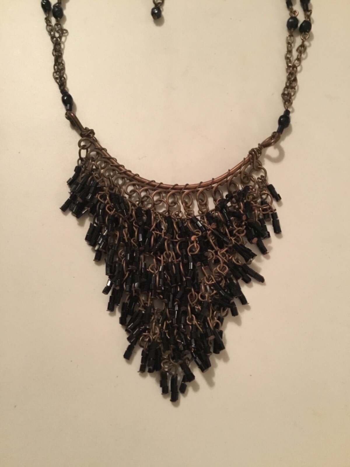 Gold/Bronze Tone Necklace-Black Beaded Bib-Goth-Victorian-Steampunk 16-19 in