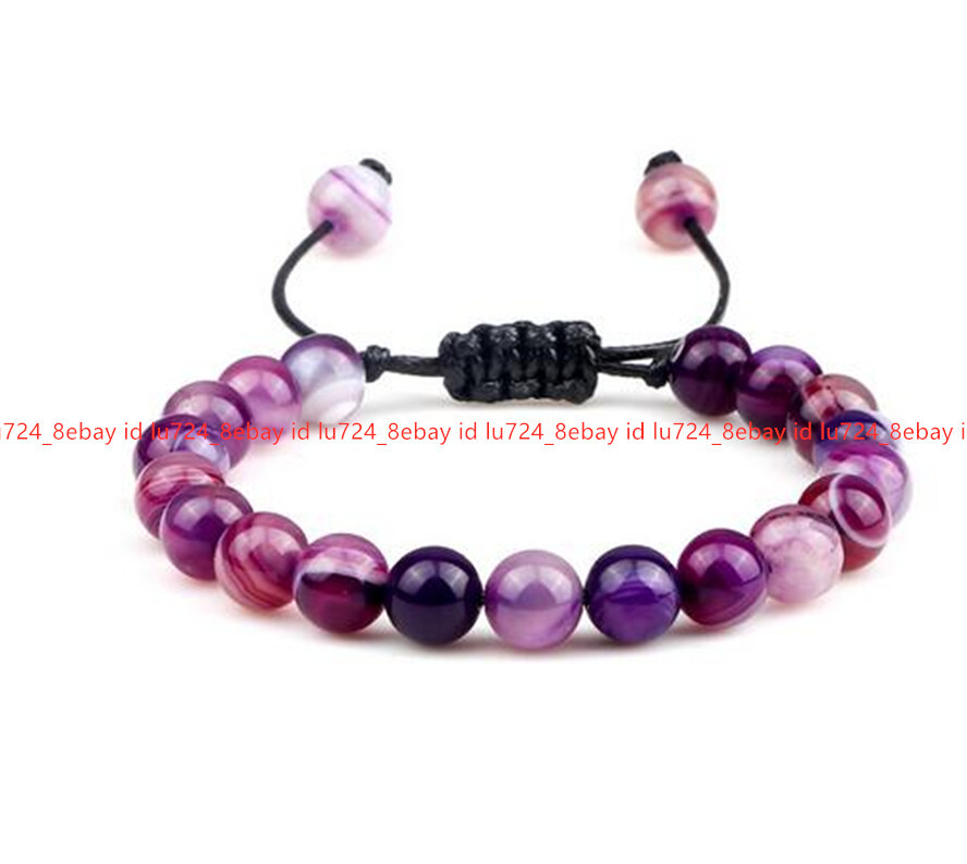 6/8/10/12/14mm Multicolor Striped Agate Round Gem Beads Adjustable Bracelet 7.5″