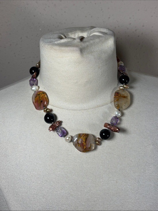 Multi Colored Textured Beaded Stone Necklace