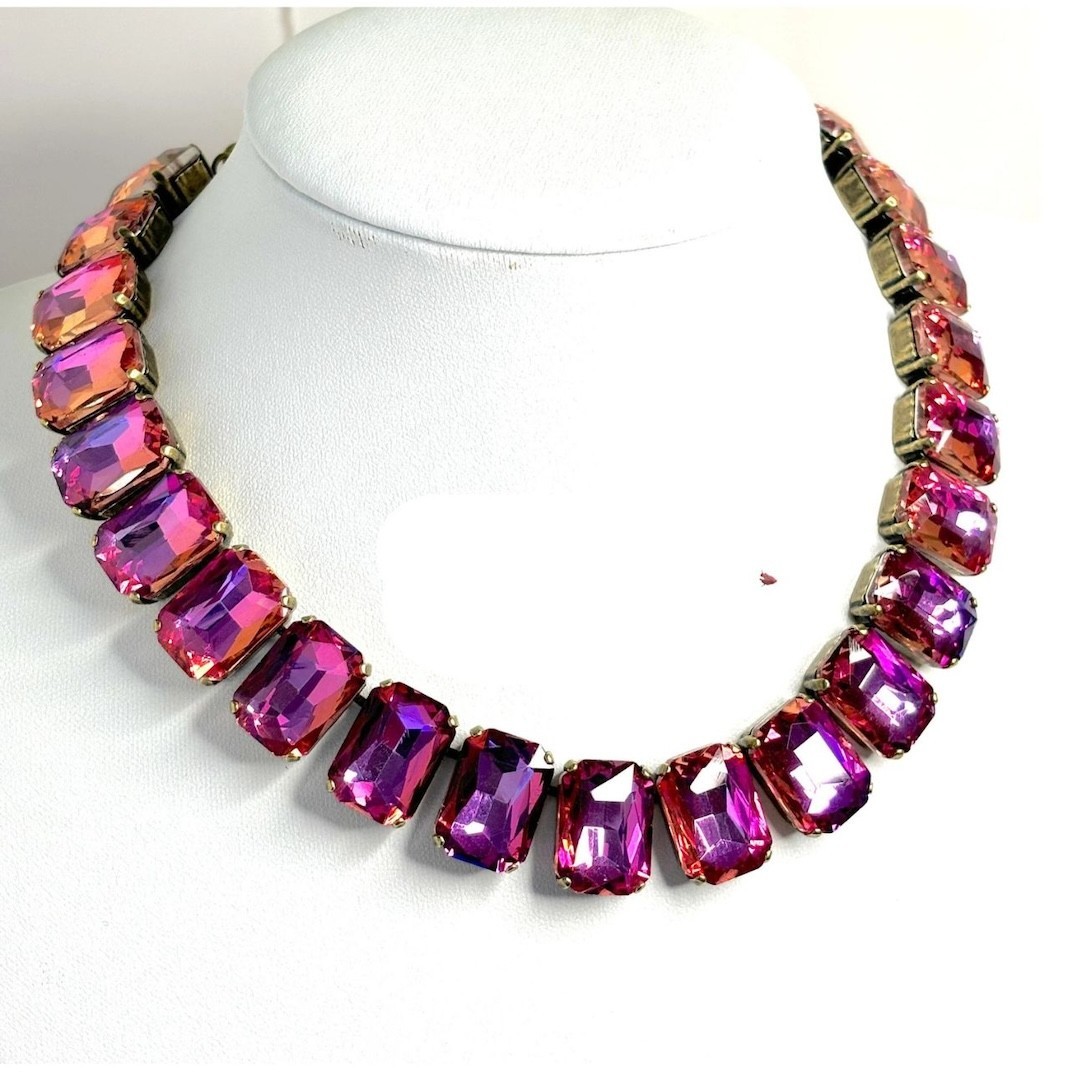 Pink Crystal Necklace Georgian Collet Choker Edwardian Style Rivere Brass