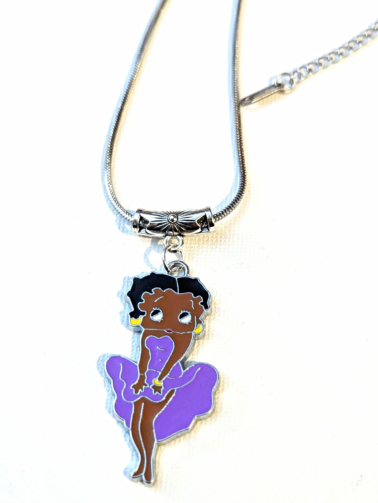 Stainless Steel Snake Chain Necklace Cartoon Girl Charm Pendant Purple Dress