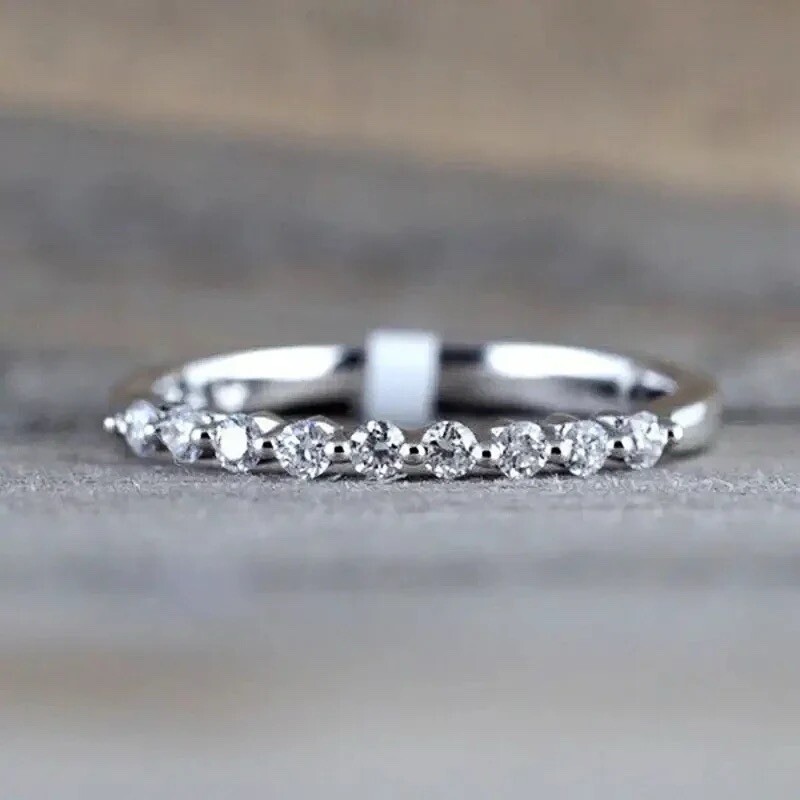 Seven Stone Silver Plated Brass Cubic Zirconia Wedding Band Ring Size 10