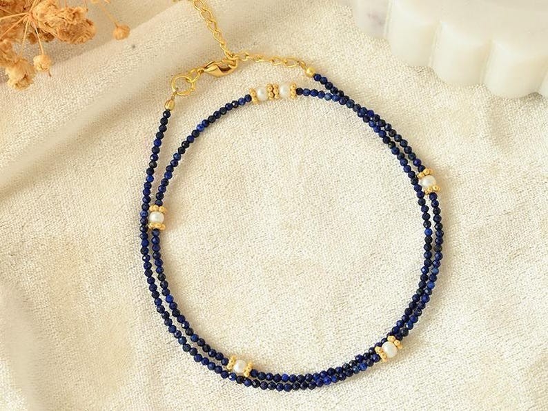 Lapis Lazuli & Pearl Faceted Round Gemstone Beads Handmade Women Necklaces 18”