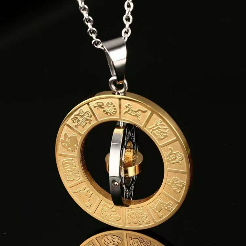 Rotatable Chinese Zodiac Sign Manjushri Pendant Stainless Steel Men’s Necklace