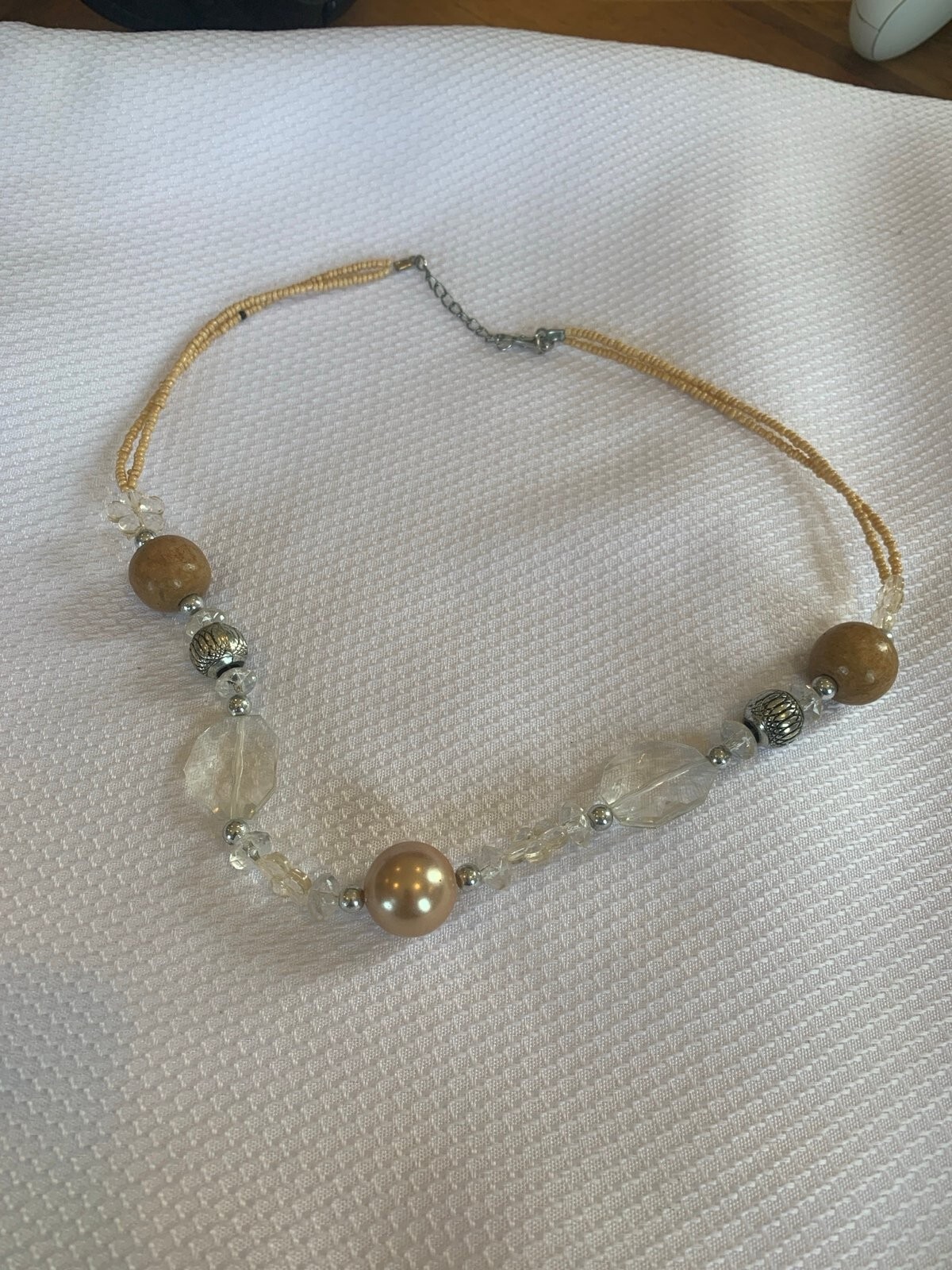 Beaded Adjustable Necklace Wood Metal Plastic and Faux Pearl Beads