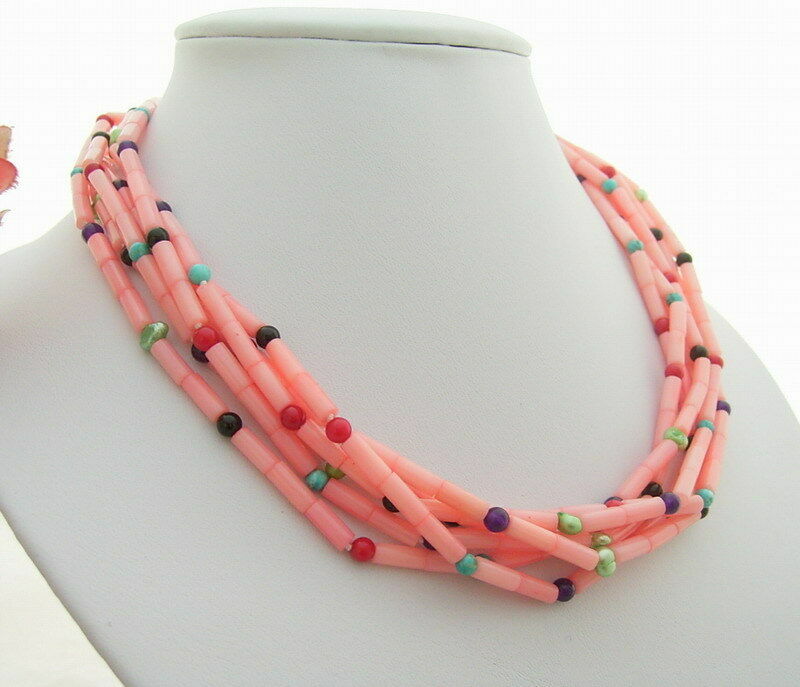 6 Strands Pearl Pink Coral Turquoise Jade NecklaceTorsade necklace lady jewelry