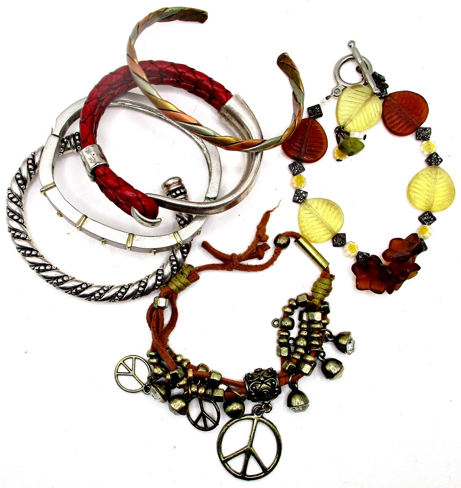 Vintage 11pc Lot Silver, Copper, Glass Bracelets, Charms & Glass Cord Necklaces