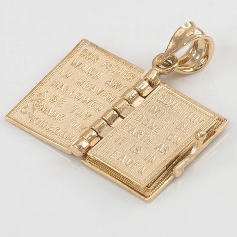 3D Gold Holy Bible Pendant Necklace Lord’s Prayer Christian Jewelry Chain 24″