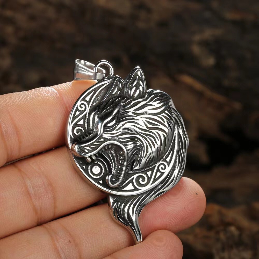 Silver Norse Viking Wolf Head Pendant Necklace Men’s Jewelry Chain 24″ Gift