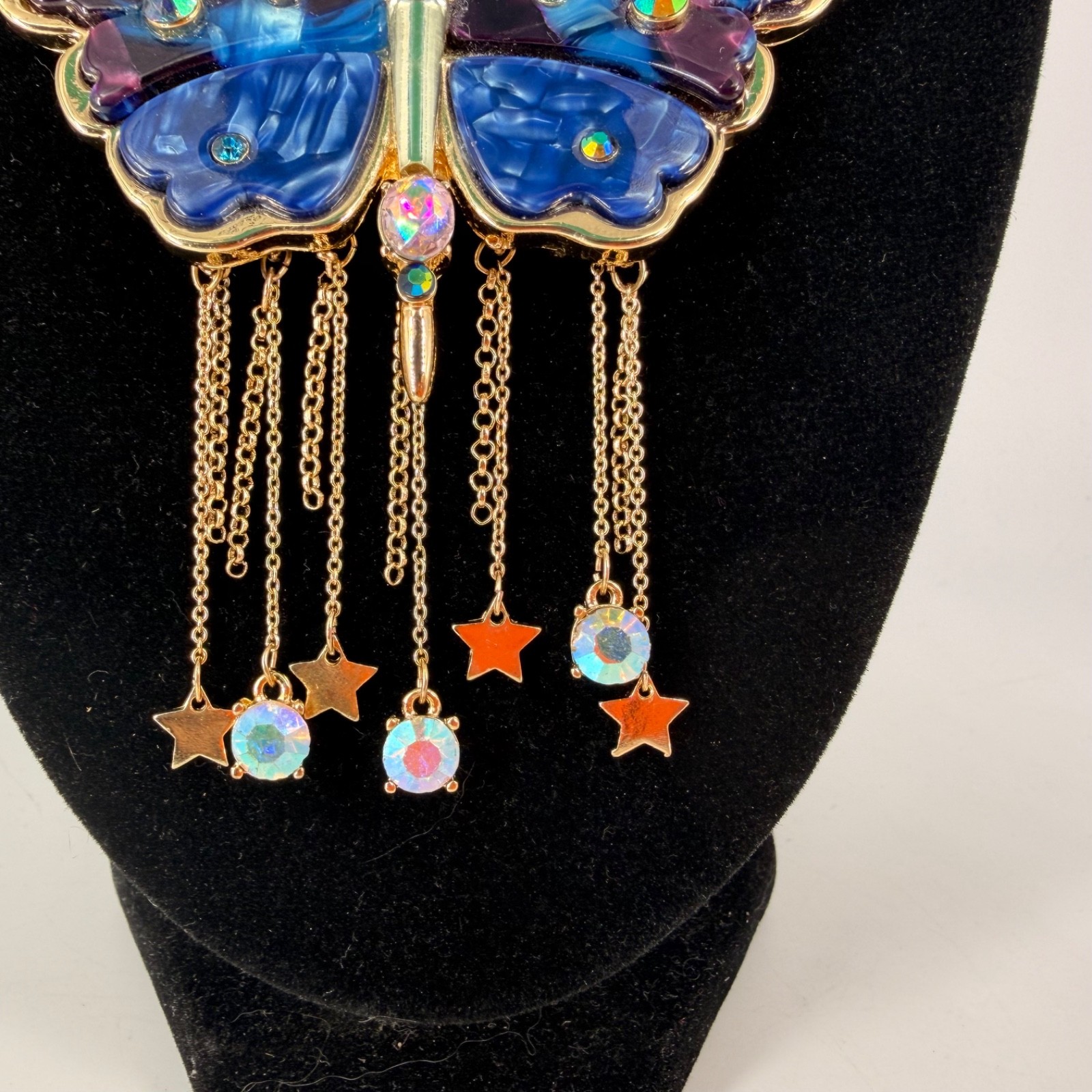 Betsey Johnson Blue Purple Butterfly Statement Necklace Gold Tone Star Charms