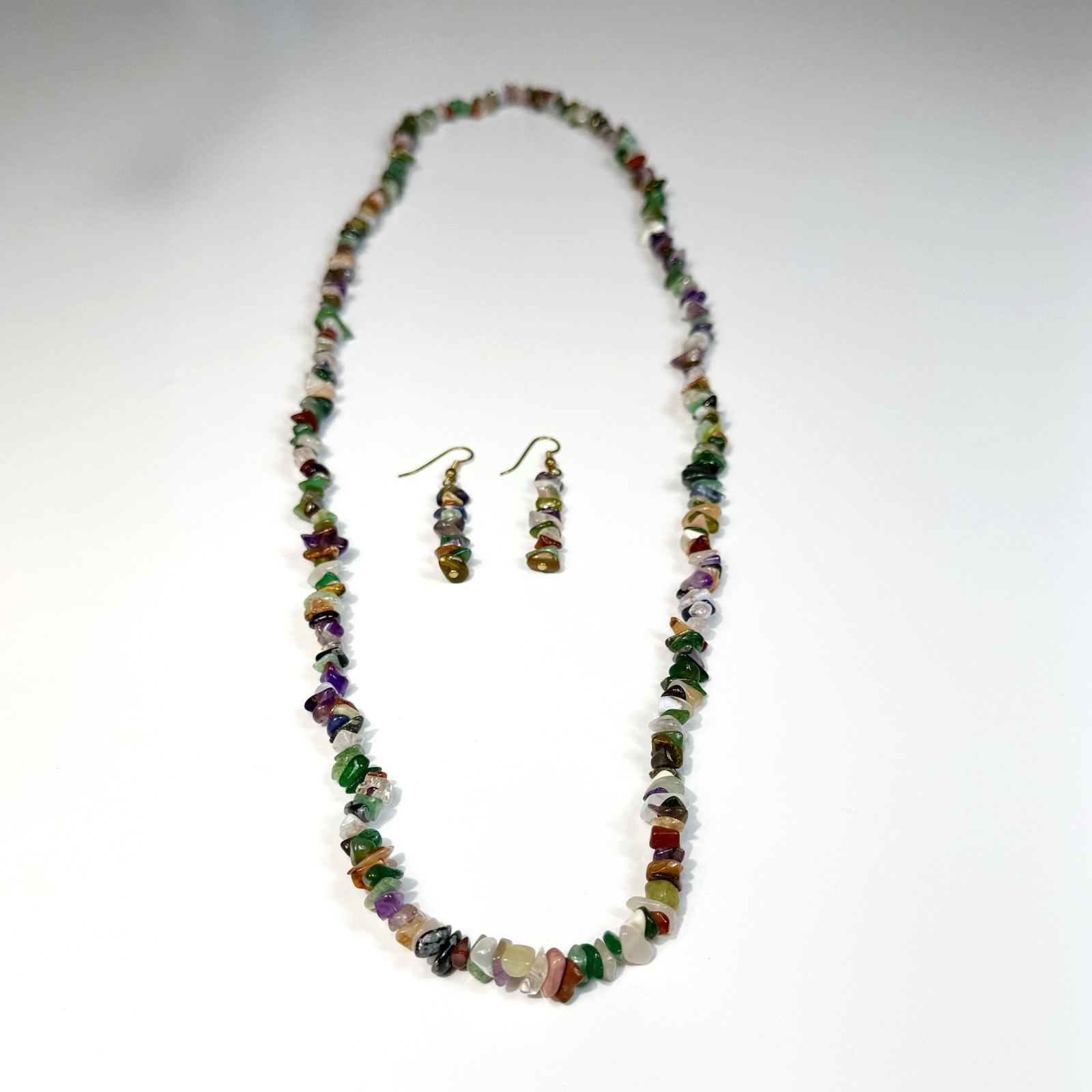 Chip Bead Necklace and Dangle Earrings Set Multi Color Glossy Boho Long Layering