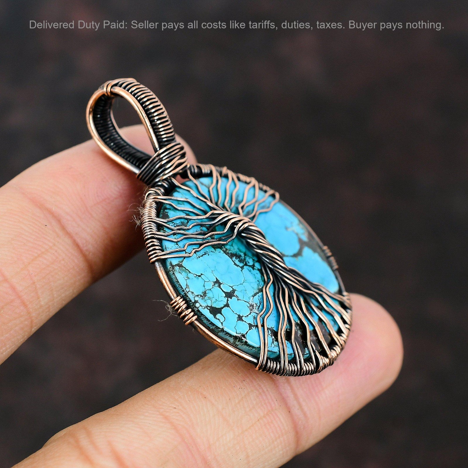 Copper Tibetan Turquoise Gemstone Handcrafted Wire Wrapped Tree Of Life Pendant