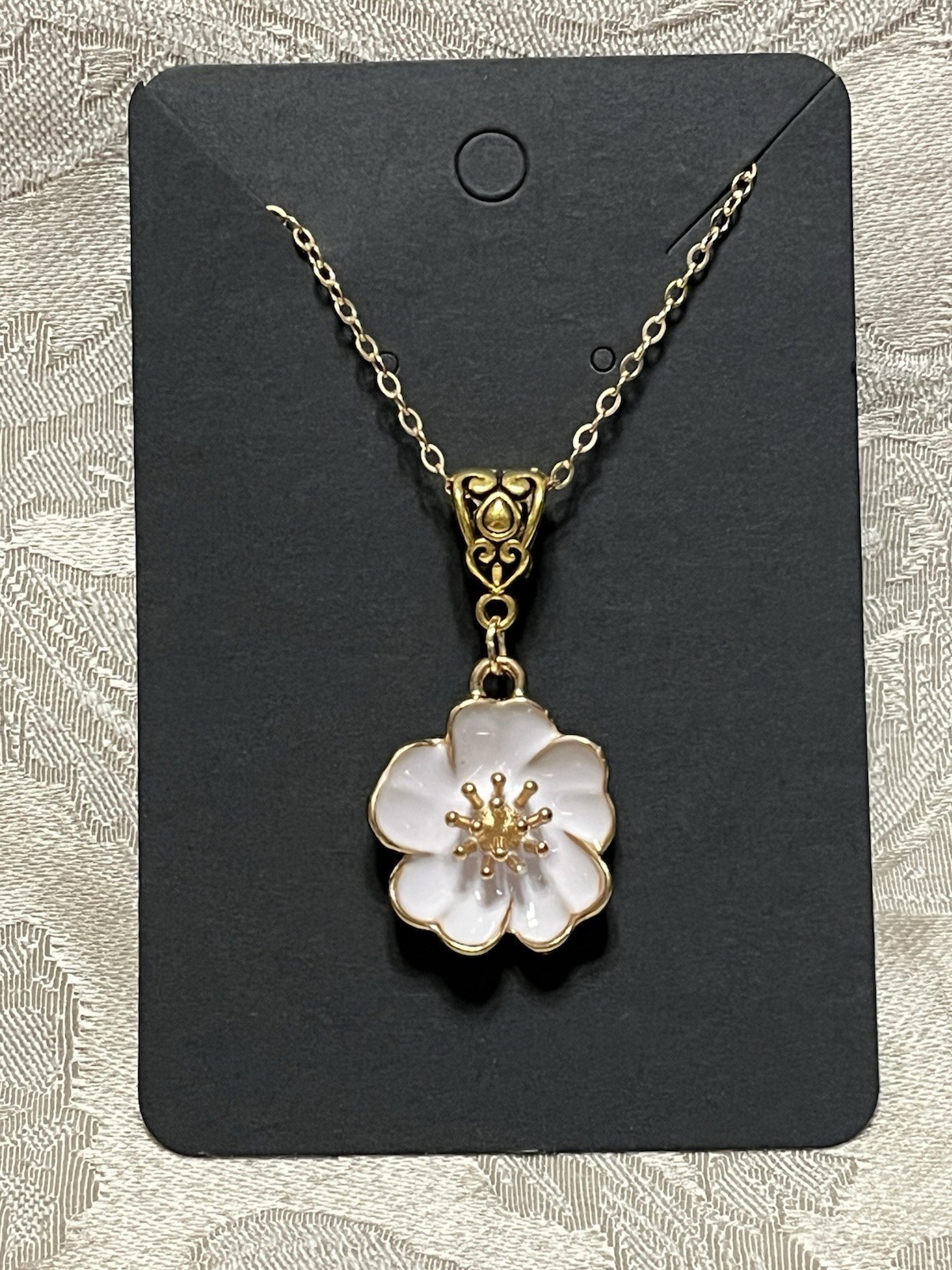 White Camellia Flower Enamel Pendant Gold Necklace Bohemian Floral Novelty 18”