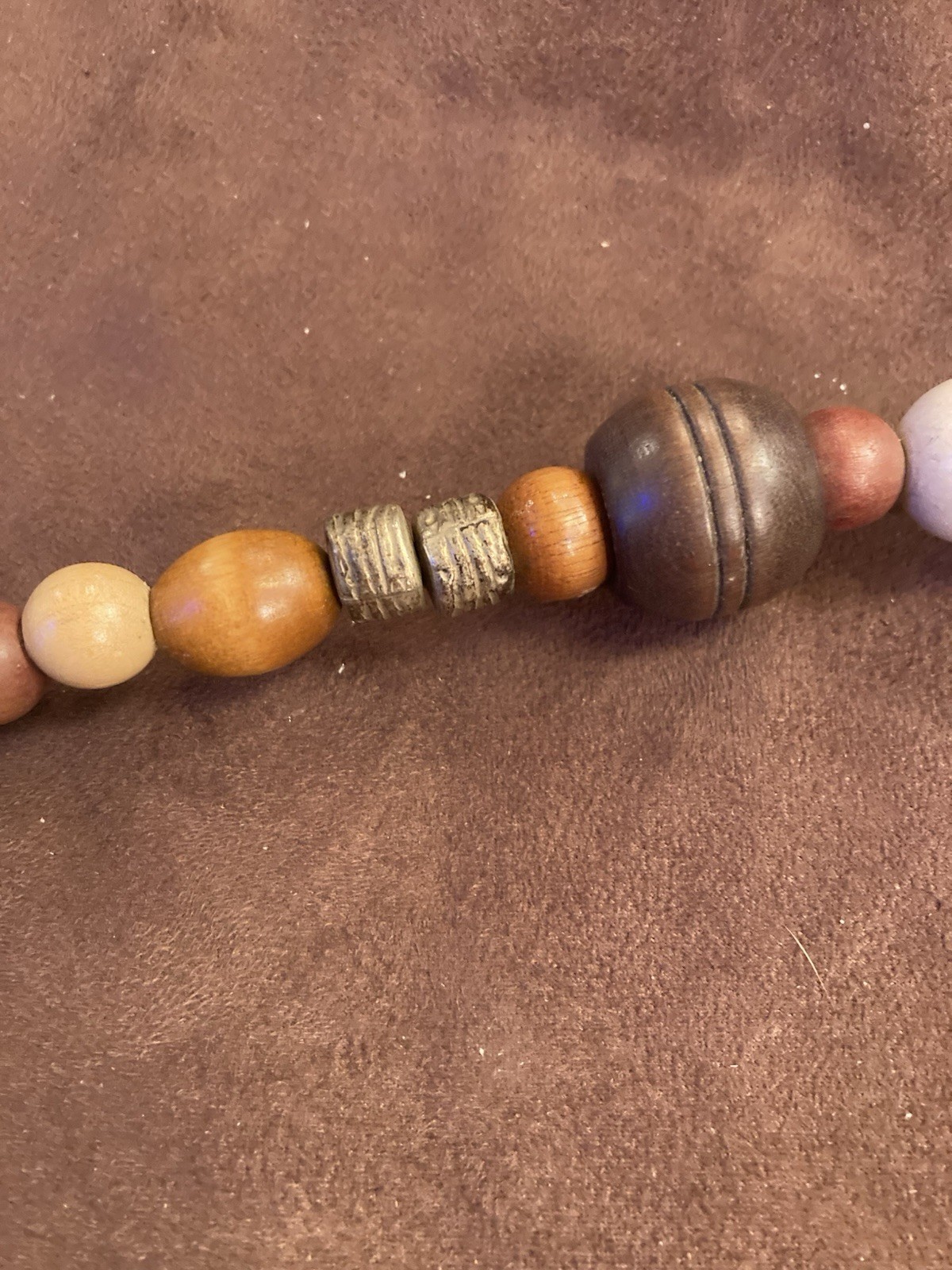Necklace with Large Slab Bead Mixed Metal Wood And Cork Beads 19 Inch VTG