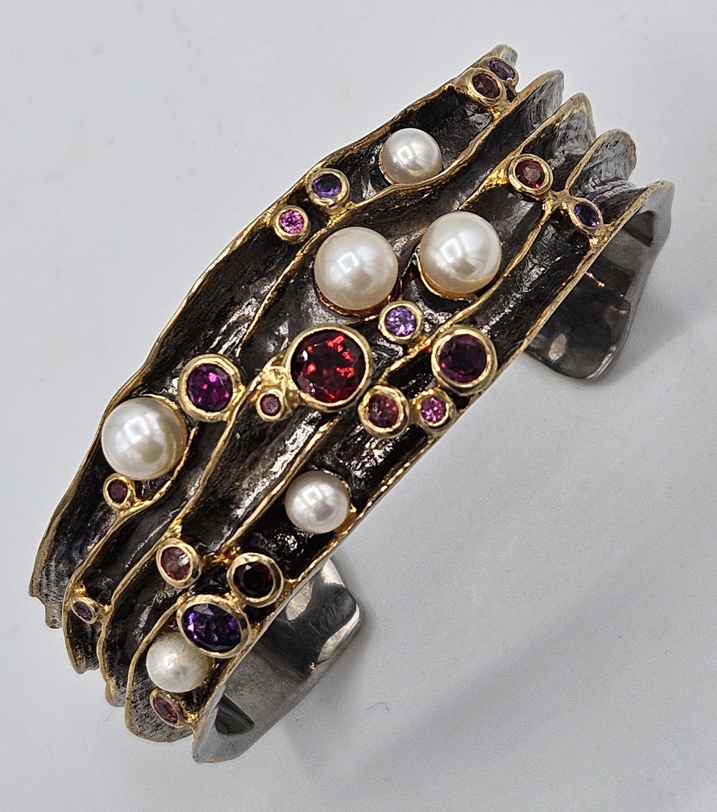 Silver Multi Gem FW Pearl Cuff Bracelet Gold Vermeil Sapphire, Garnet, Amethyst