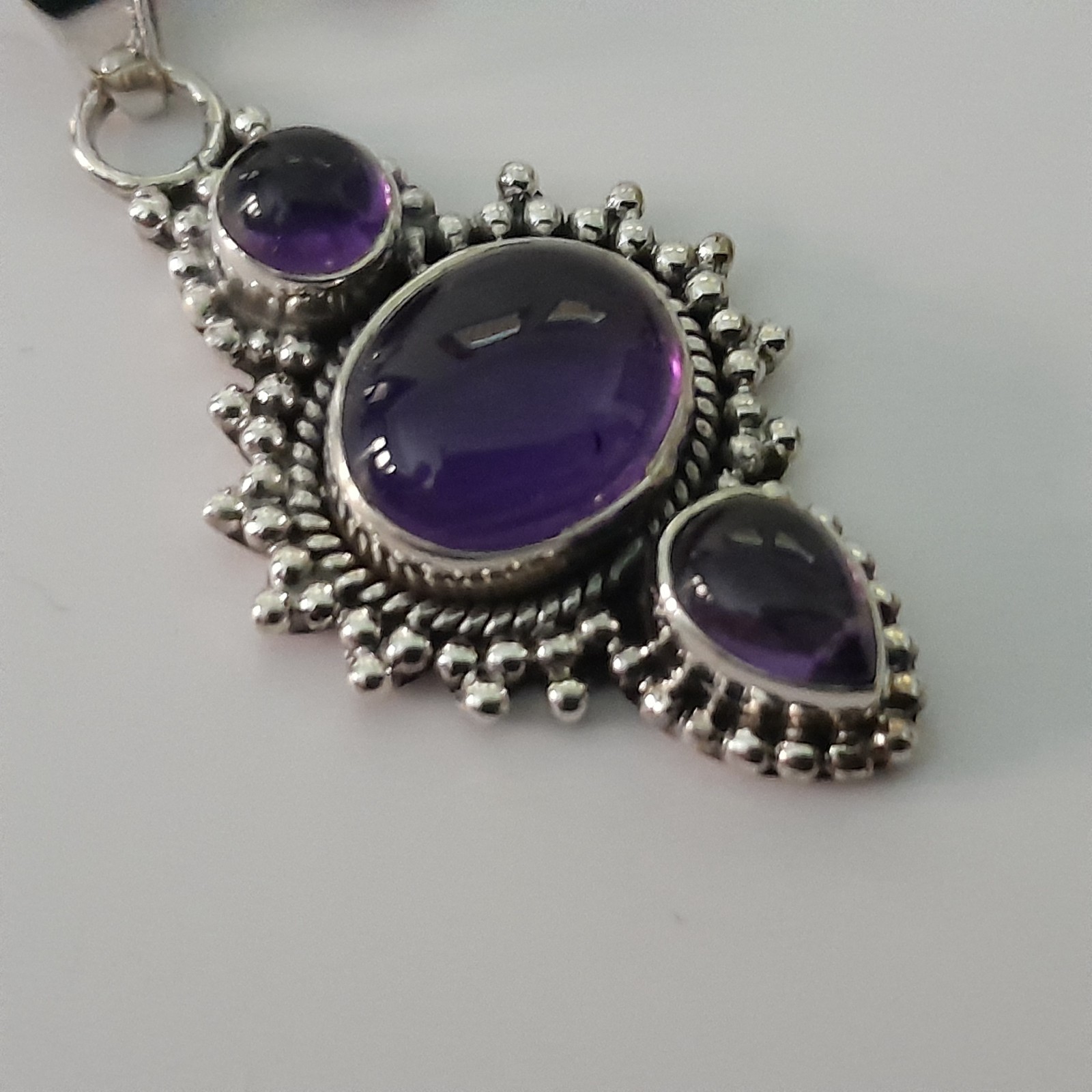 925 Sterling Silver Three Stone Purple Cabochon Pendant 925 India NWT