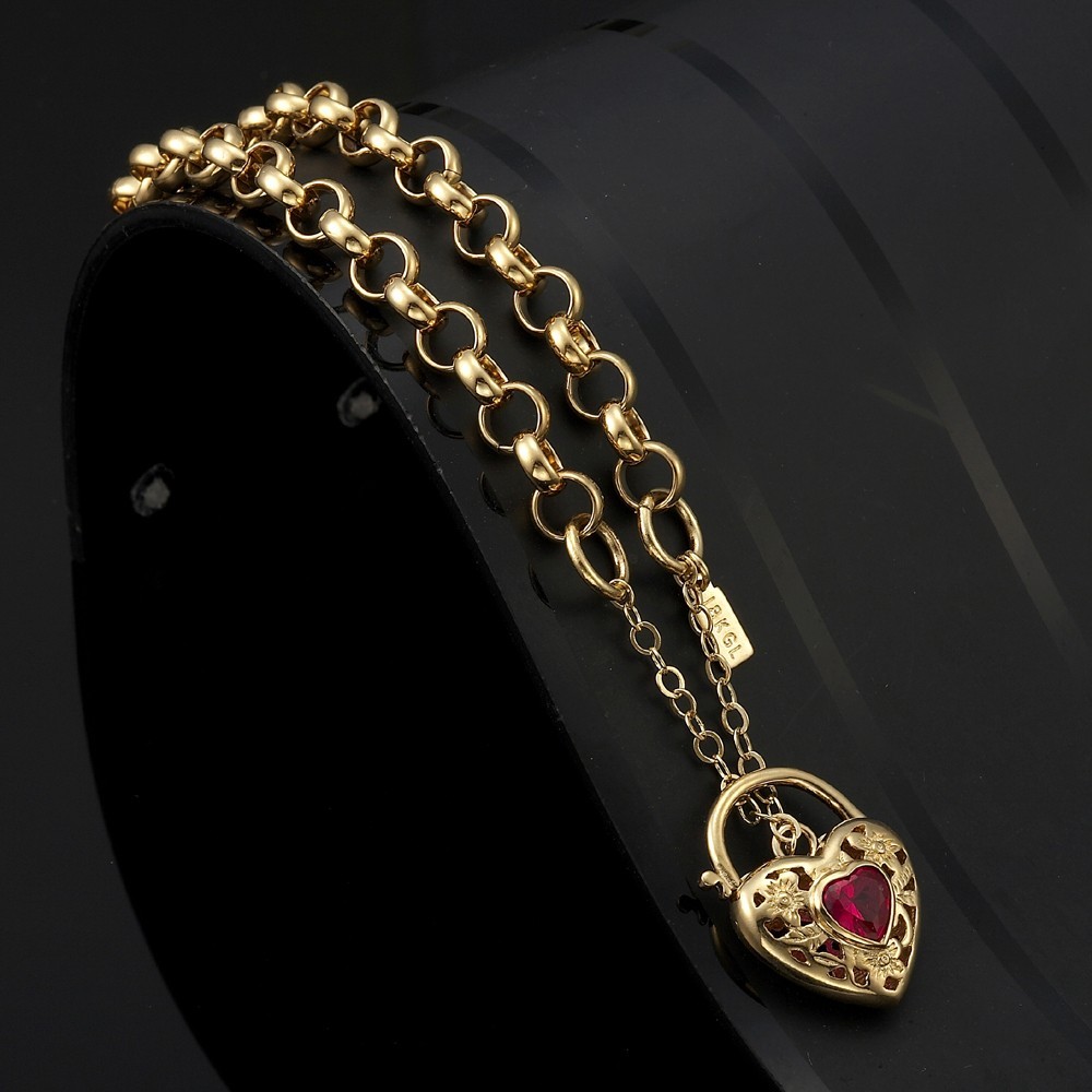 18K GL Solid Belcher Gold Bracelet Filigree Heart Padlock Ruby Red Gem