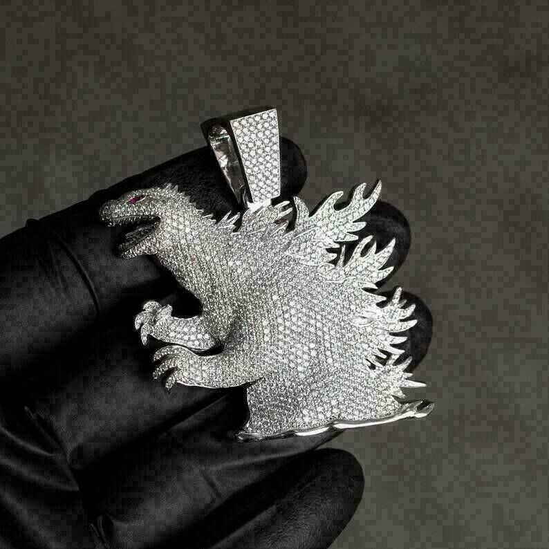 3 Ct Round Cut Simulated Diamond Men’s Godzilla Pendant 14k White Gold Finish