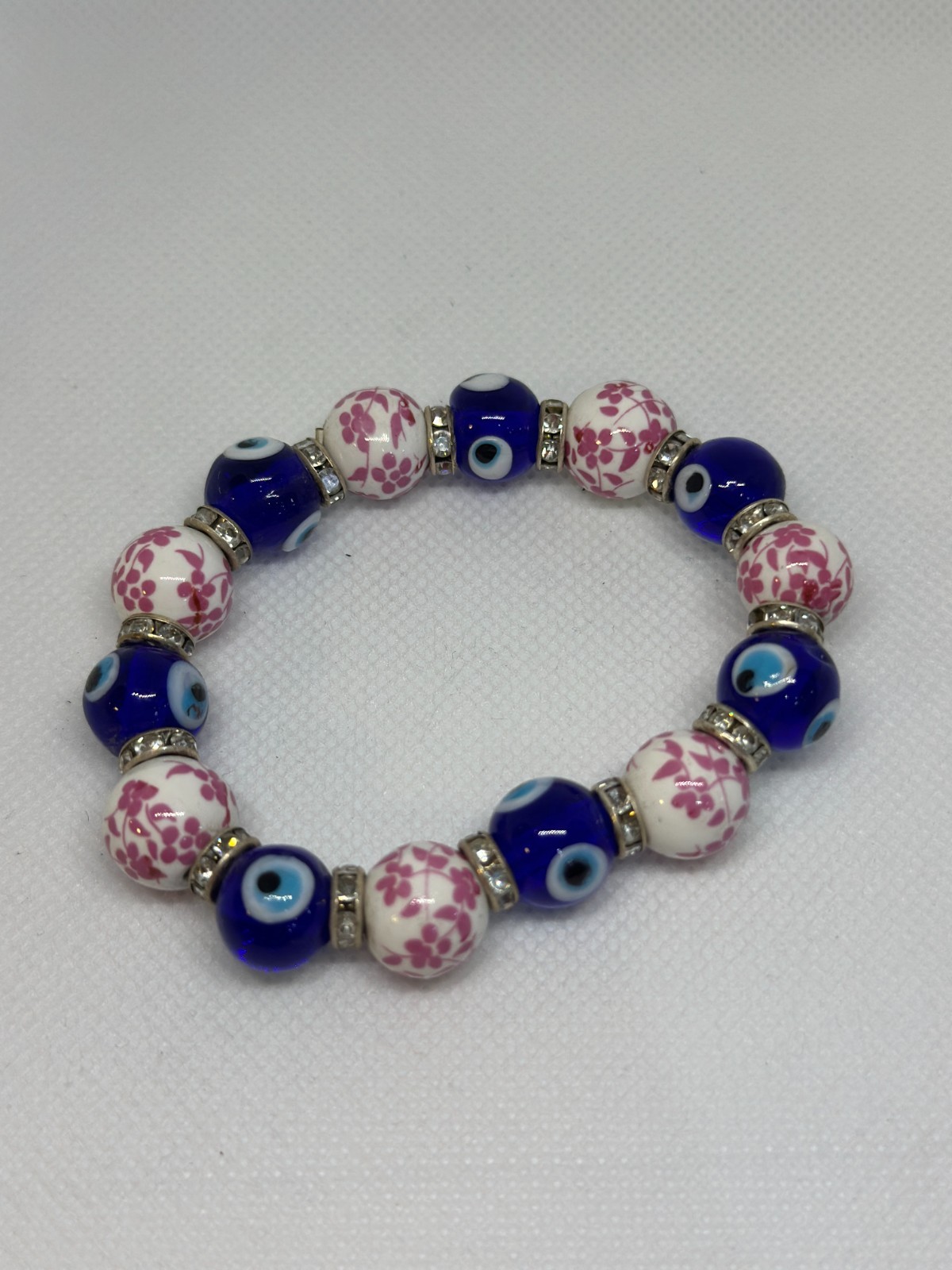 EVIL EYE BRACELET BLUE GLASS CERAMIC PINK FLOWER BEADS PROTECTION LUCKY JEWELRY