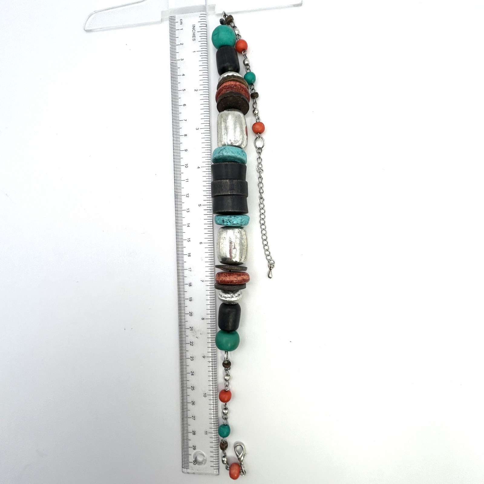 Chunky Boho Statement Necklace Mixed Wood Metal Teal Tribal Adjustable