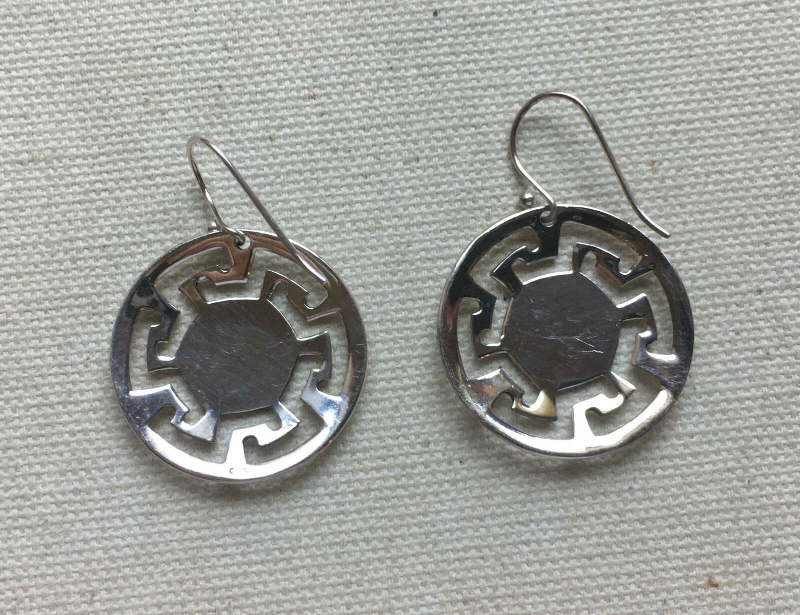 Greek Key Disk Earrings Sterling Modern Artisan Retro Bohemian Southwest 1.5″