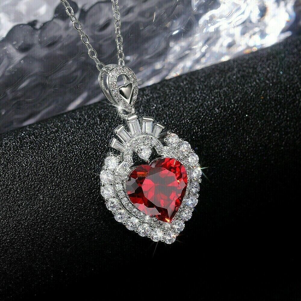 925 Silver Heart Cut Simulated Red Ruby Women’s Pendant In 14k White Gold Plated