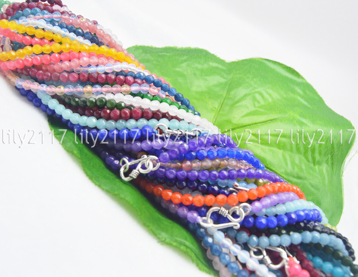 Lots 4mm Natural Multicolor Gems Faceted Round Beads Necklaces Silver Clasp 18″