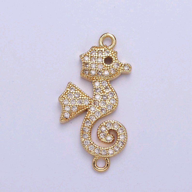 24k Gold Filled Cartoon Seahorse Link Connector, Dainty Micro Pave CZ Animated S