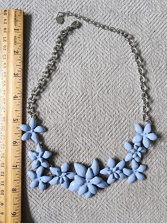 Talbots Light Blue Flower Design silvertone bib necklace and bracelet set.
