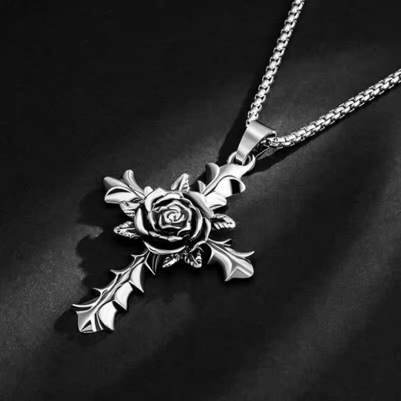 Silver Rose Cross Pendant Christian Necklace Religious Jewelry For Men Women 24″