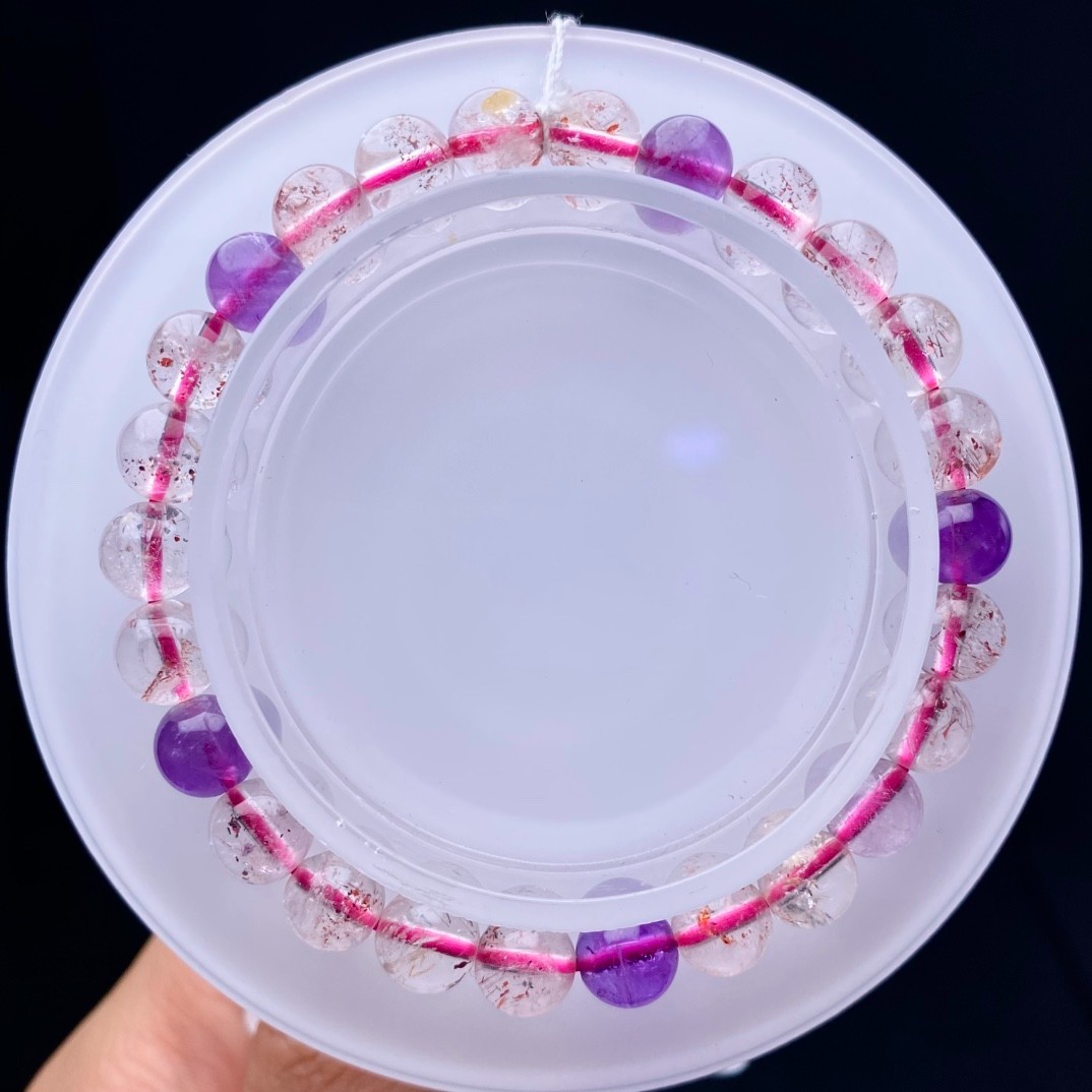 7.4mm Natural Super Seven Crystal Bracelet Purple Amethyst Strawberry Rutilated