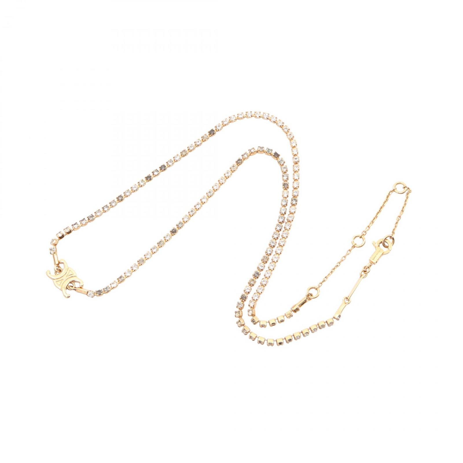 CELINE Triomphe Sparkle Necklace Gold Plated Rhinestone Used 36~42cm