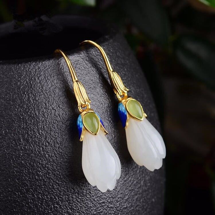 Jade Magnolia Earrings Enamel Drop Dangle Hook Jewelry Chinese Style for Women