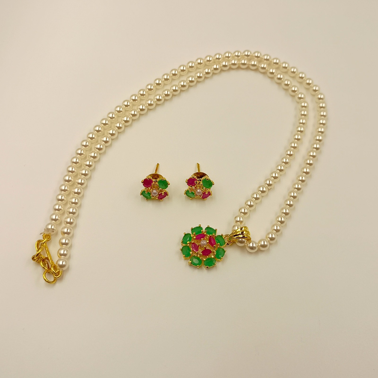 Ruby Emerald Pearl Pendant Set, 22k Gold Plated Traditional Indian Wedding Jewel