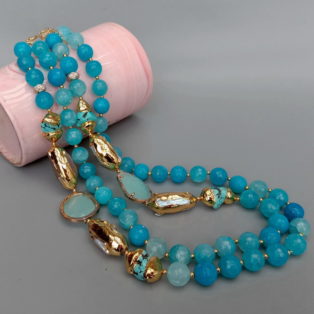 Faceted Agate Turquoise White Biwa Pearl Crystal Necklace Fashion Women Jewelry
