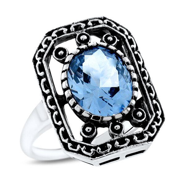 ANTIQUE STYLE 925 STERLING SILVER 2.60 CARAT SIMULATED AQUAMARINE RING 1079z
