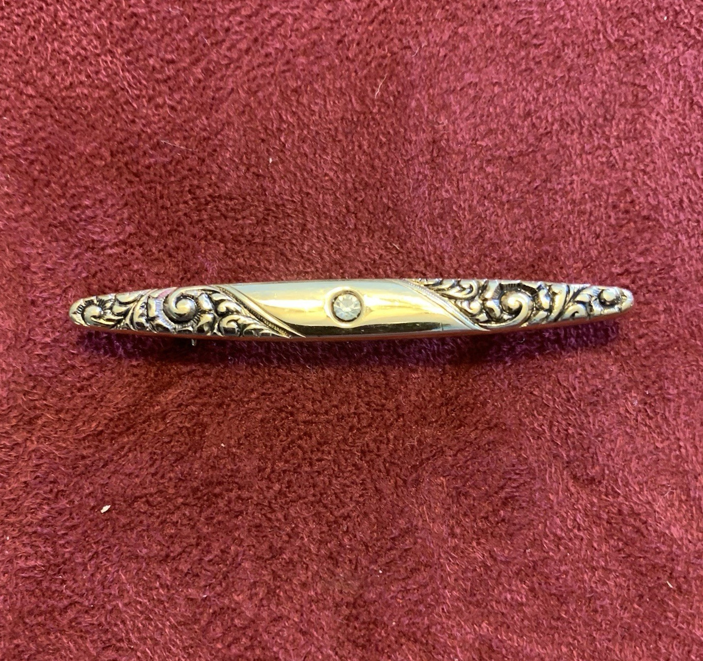 Avon Signed Gold/Silver Tone Bar Brooch Pin w/ Clear Round Crystal, 1 Stone