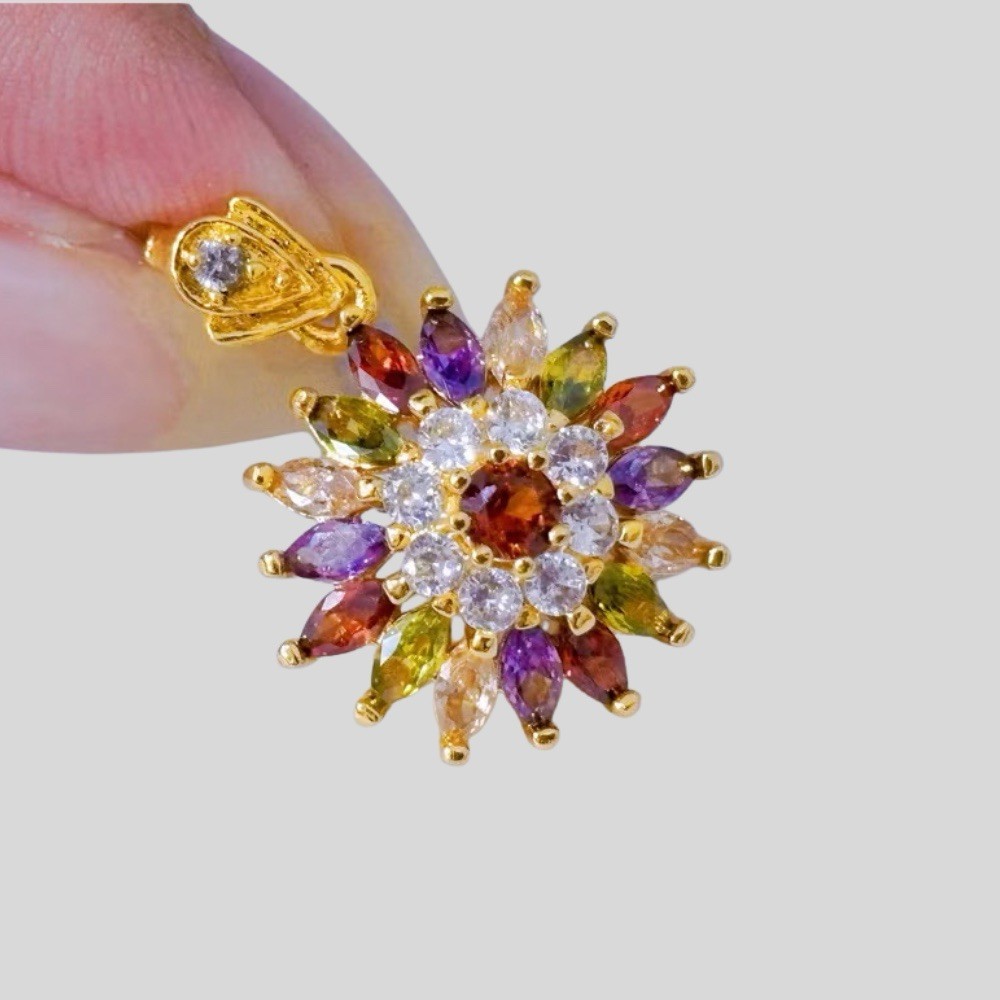 Amethyst pendant with diamonds Flower 24K Thai Baht Yellow Gold GIFT Girl Women