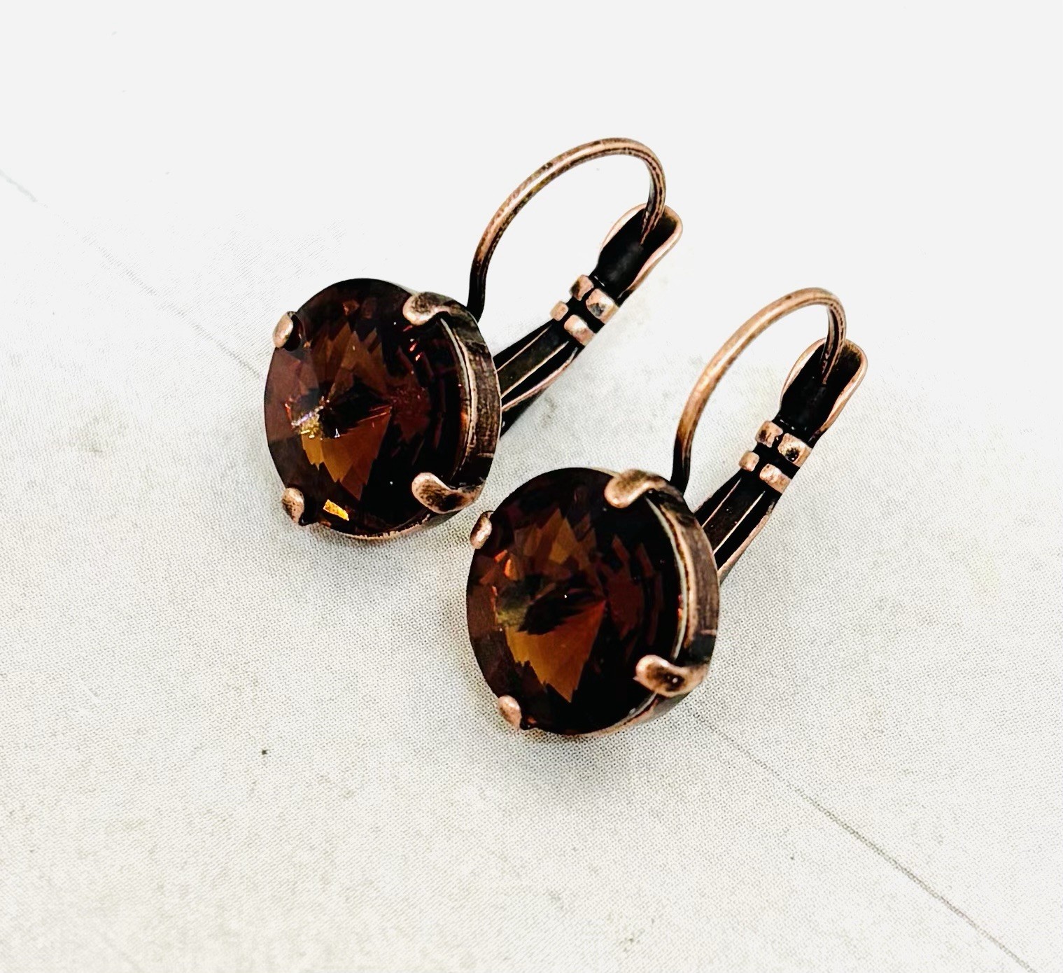 12mm Antique Copper Chocolate Brown Cup Chain Earrings with Smoked Topaz Stones