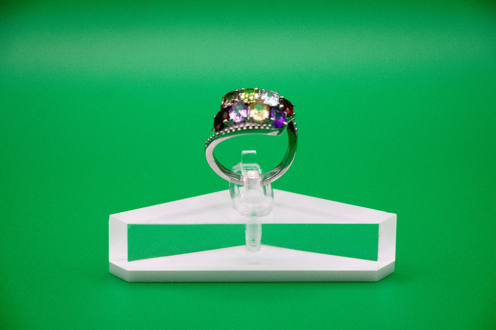 Multi Gemstone (Topaz, Garnet, +5) Bypass Ring Stainless Steel 3.90 ctw Sz. 6.0