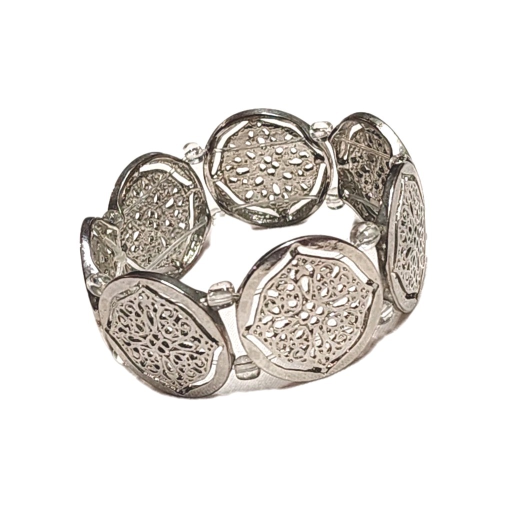 Silver Tone Filigree Round Coin Medallion Stretch Cuff Bangle Bracelet 7″ Boho