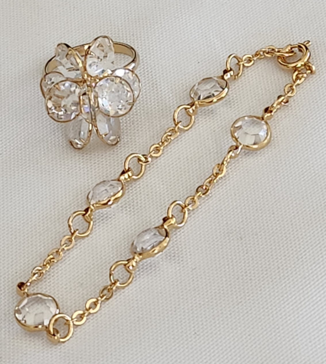 Vtg Gold Tone 7.5″ Bracelet & Adj Ring w/Octagon Cut Crystals in Round Settings