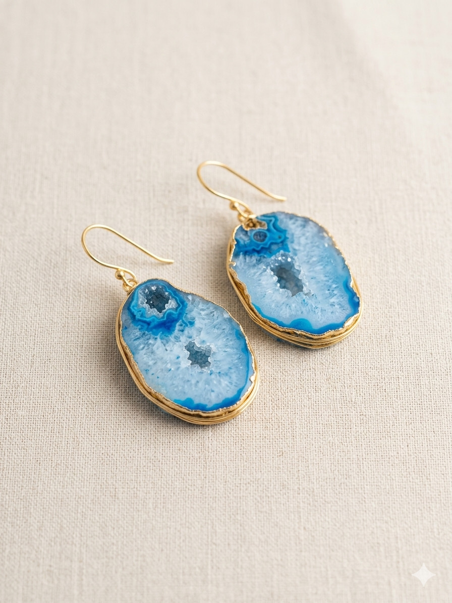 71 Cts. Sea Blue Natural Dyed Electroplated Druzy Agate Earrings Jewelry-S25